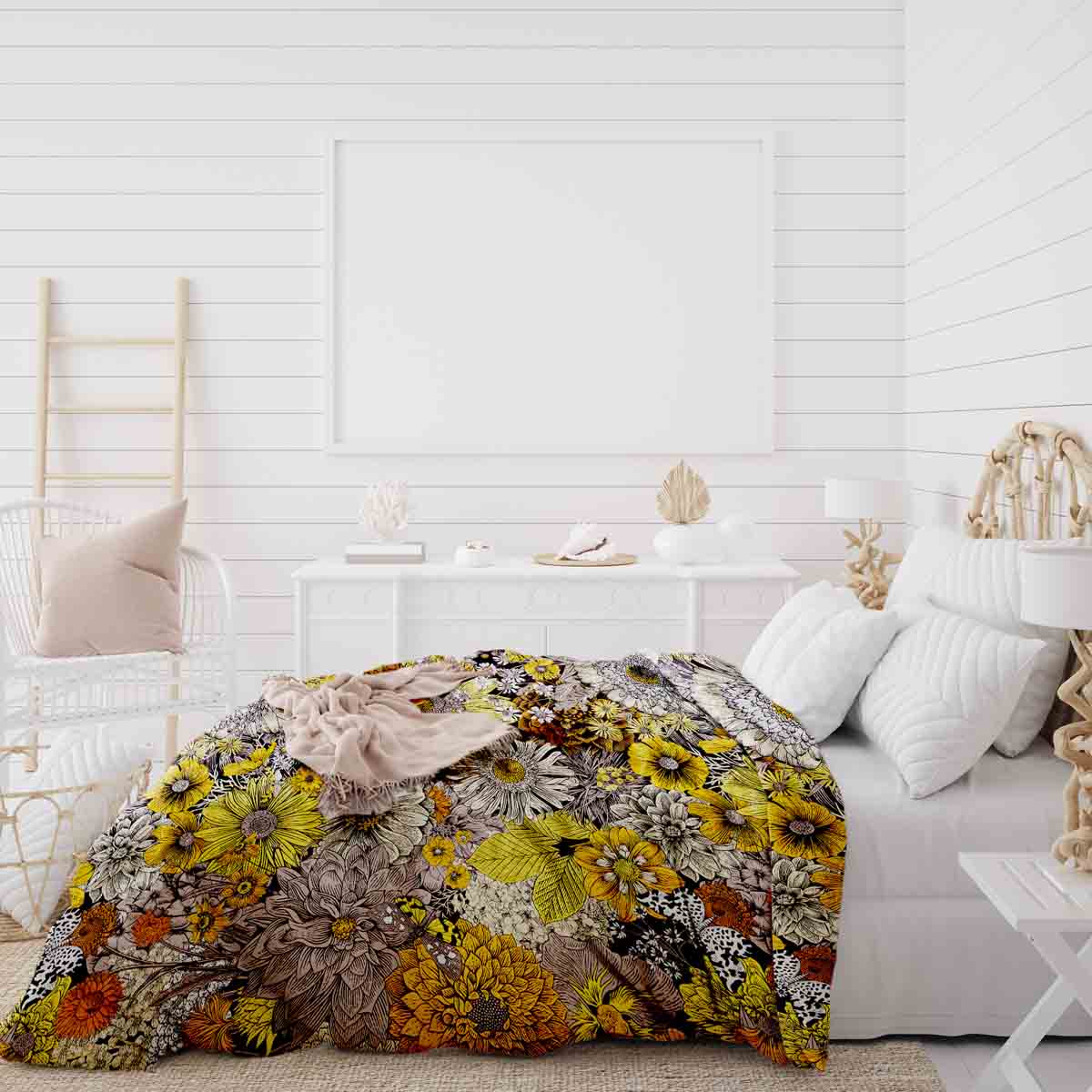 Set de ropa de cama con manta terapéutica y flores amarillas