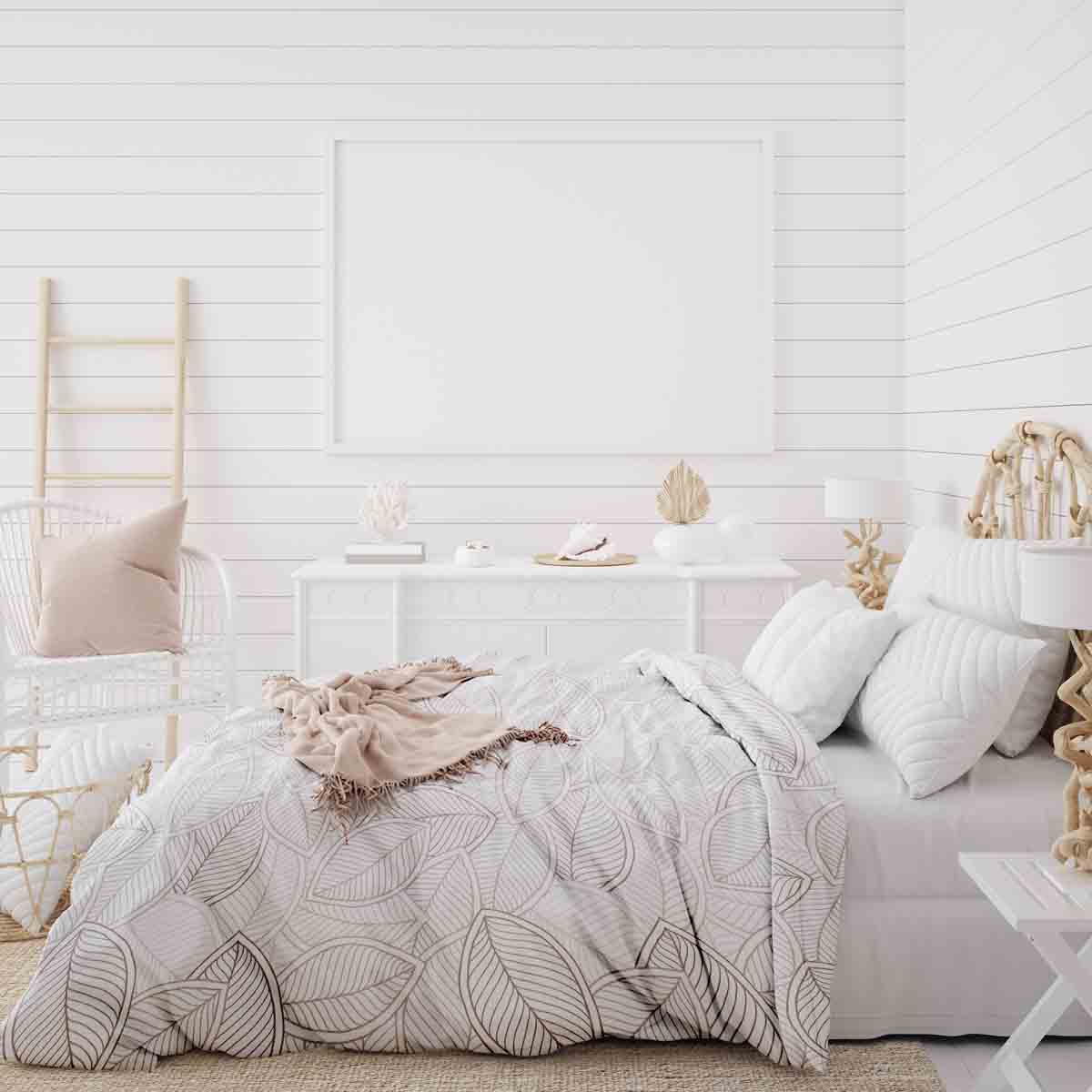 Set de ropa de cama con mantas terapéuticas y hojas de palma grises