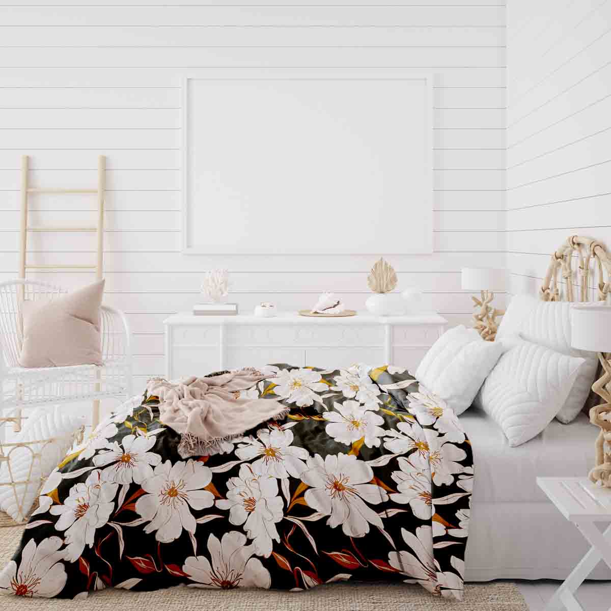 Set de ropa de cama con manta terapéutica y flores de áster rosa