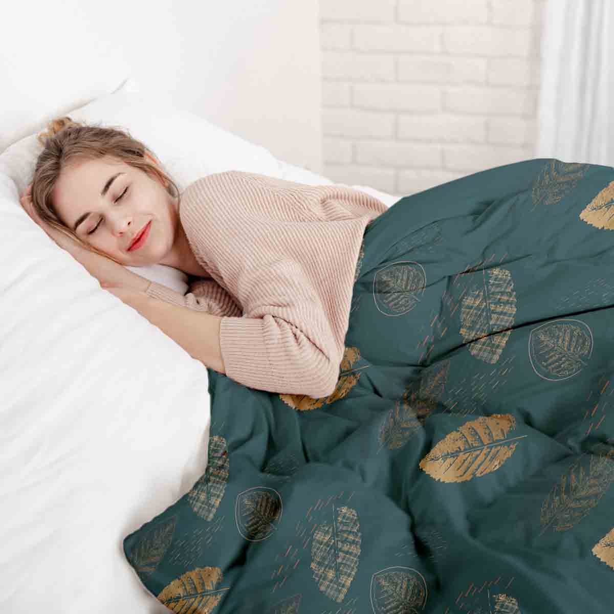 Set de ropa de cama con manta terapéutica verde con hoja dorada