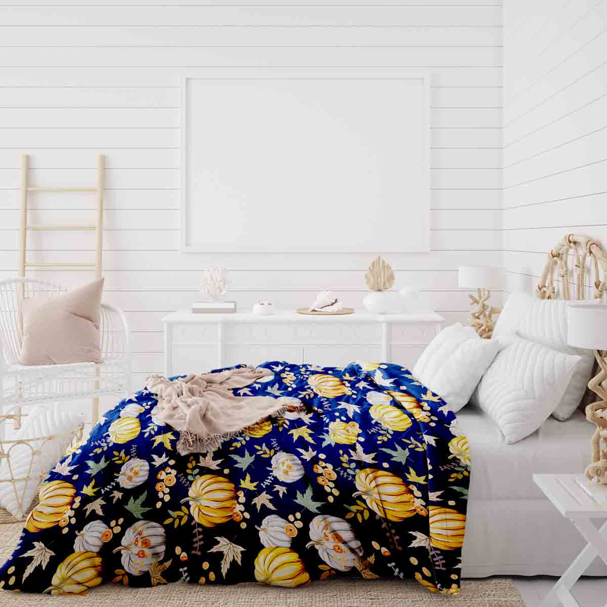 Juego de ropa de cama con mantas terapéuticas azul con calabazas