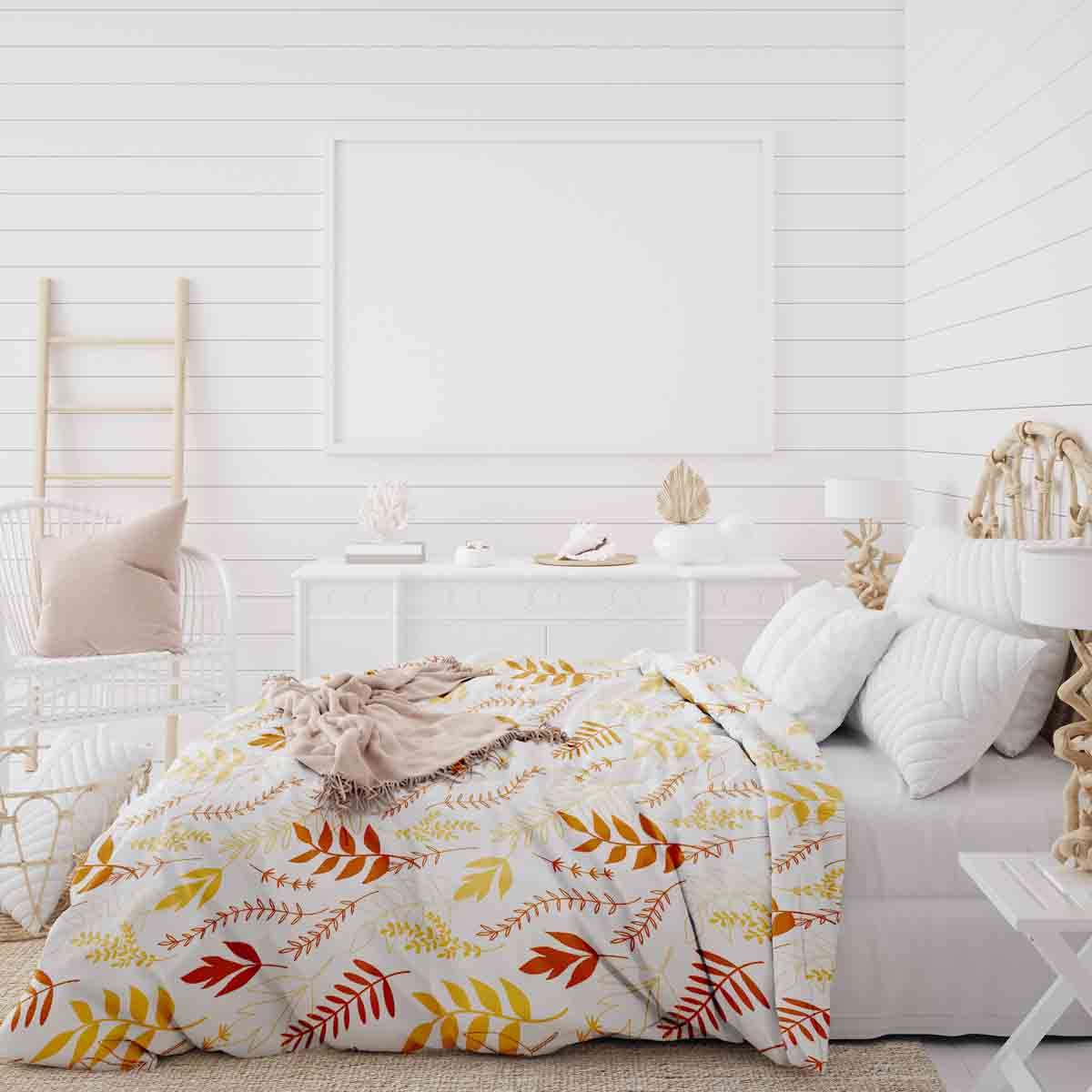 Set de ropa de cama con manta terapéutica blanca con ramas otoñales