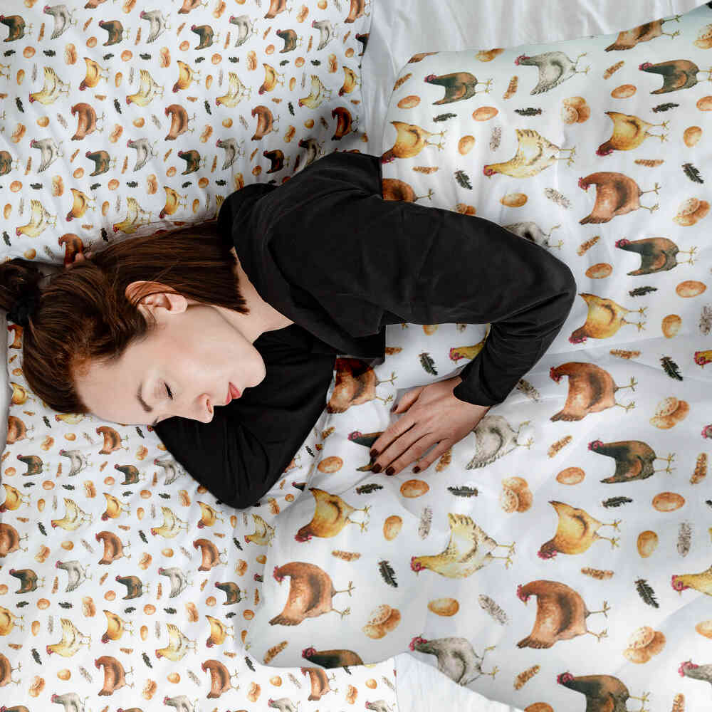 Set de ropa de cama terapéutica blanca con gallinas