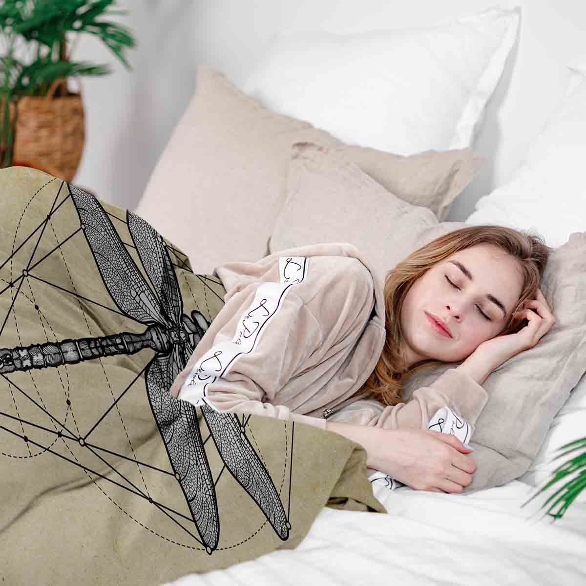 Set de ropa de cama con manta terapéutica amarillo con libélula