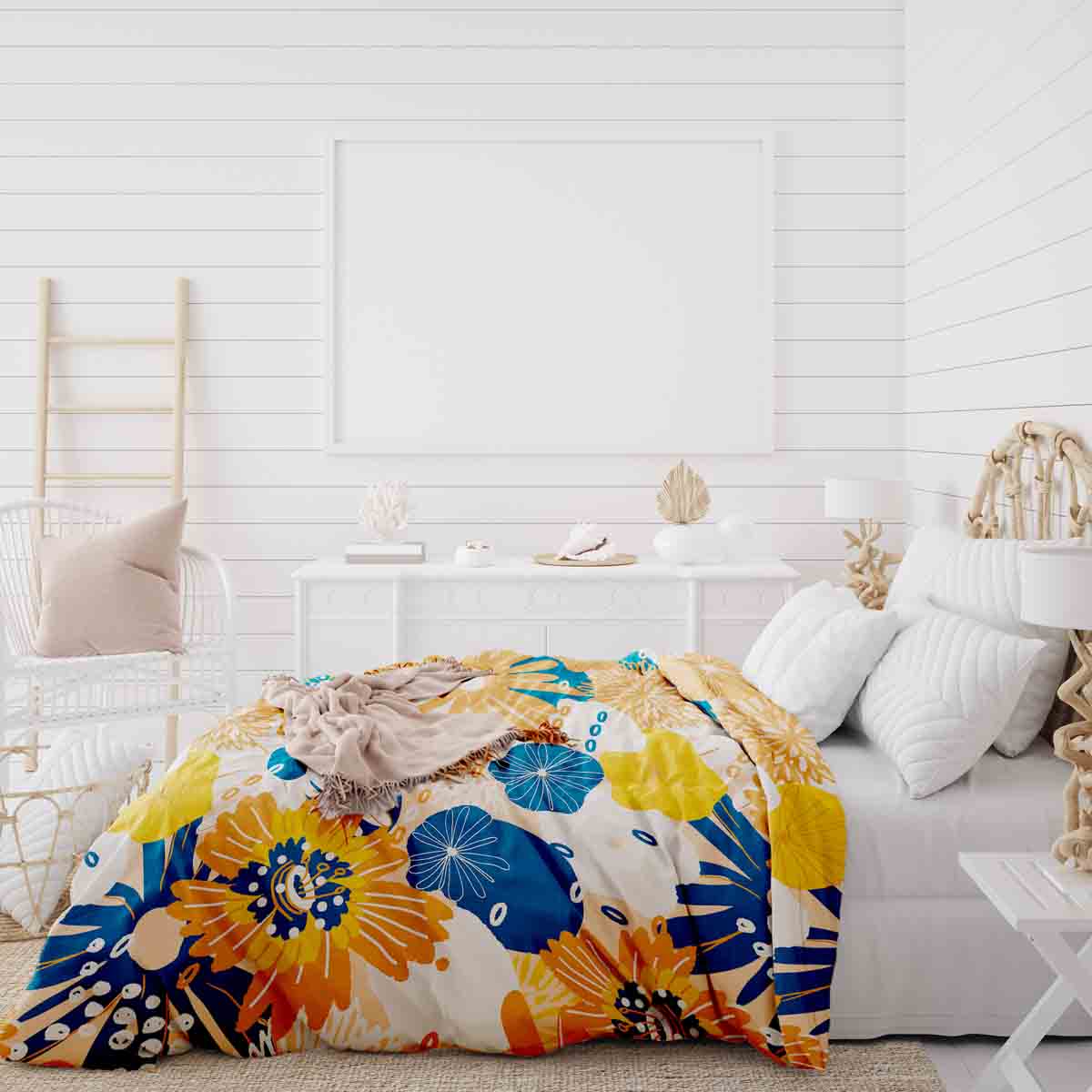 Set de ropa de cama con mantas terapéuticas y flores de gerbera