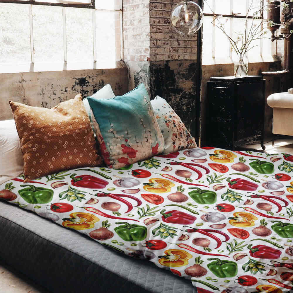 Set de ropa de cama con manta terapéutica y verduras
