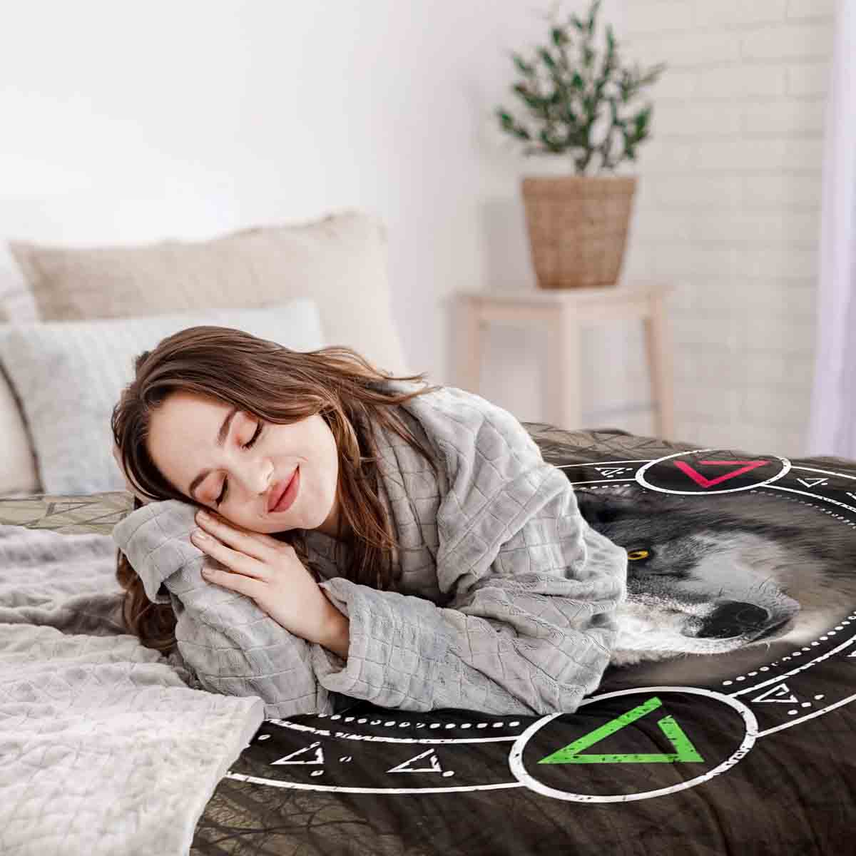 Juego de ropa de cama con manta terapéutica marrón con lobo