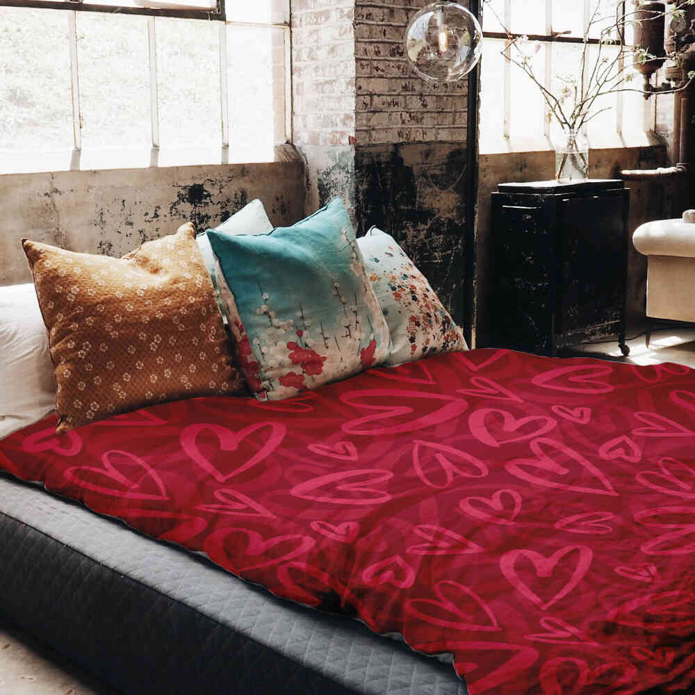 Set de ropa de cama con manta terapéutica rojo con motivo de corazón rosa