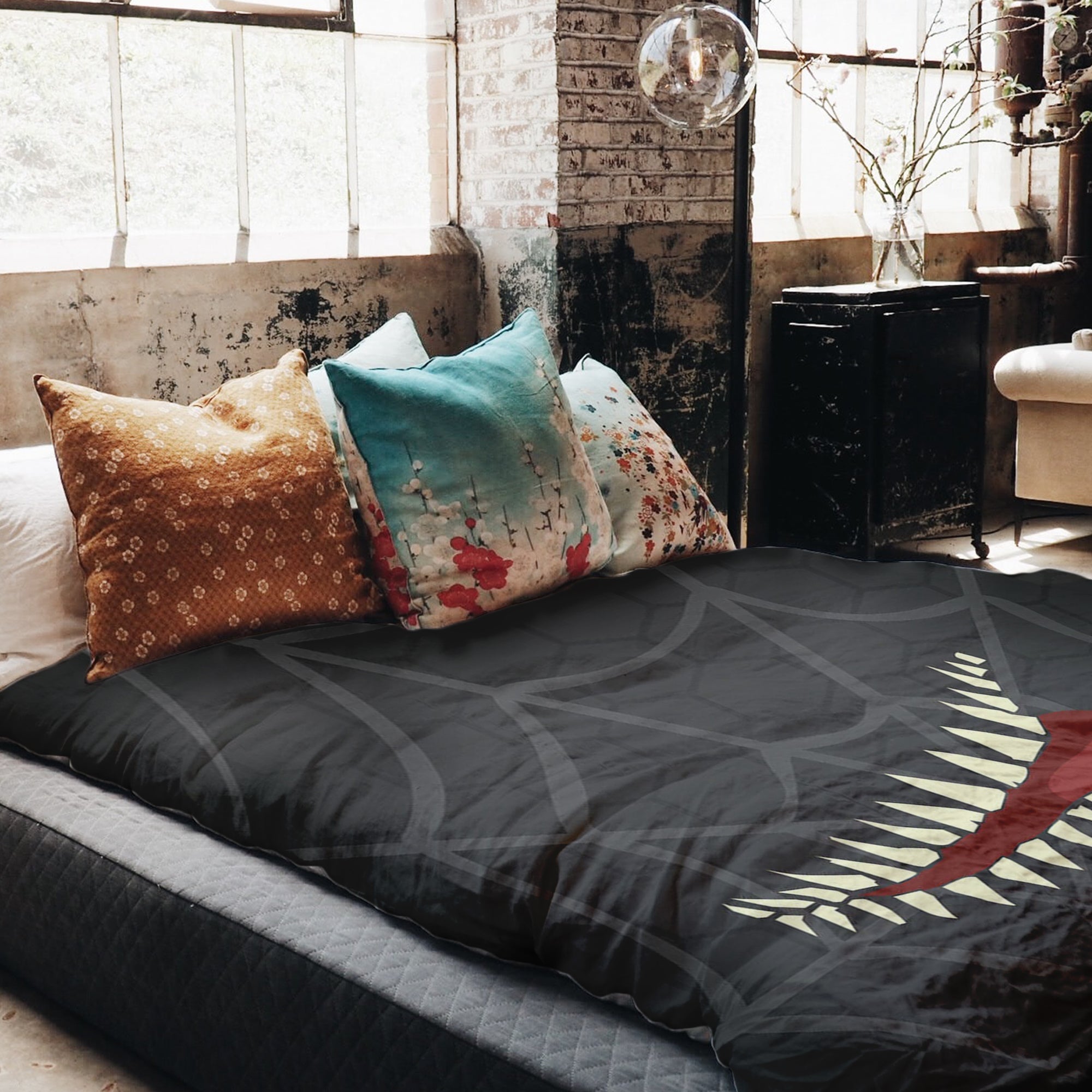 Set de ropa de cama con manta terapéutica gris con telaraña