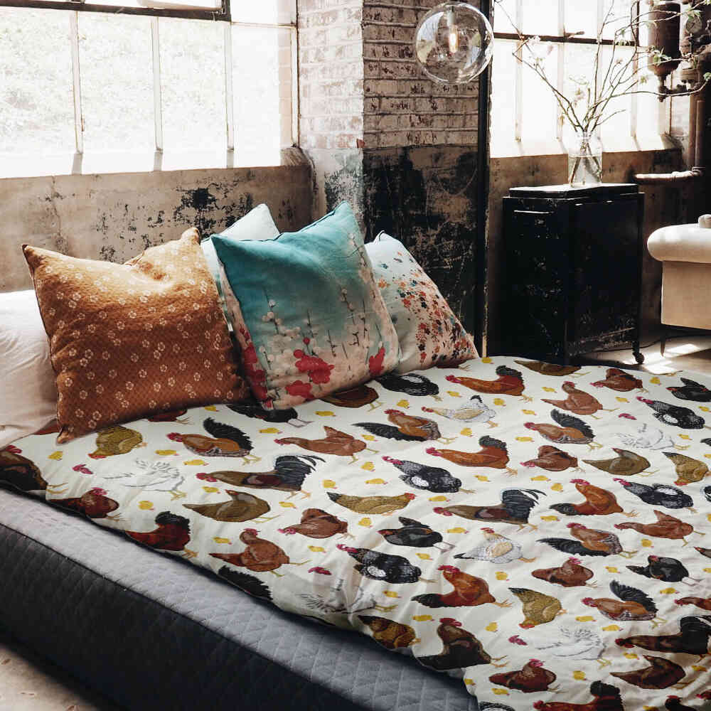 Set de ropa de cama de mantas terapéuticas blancas con muchas gallinas