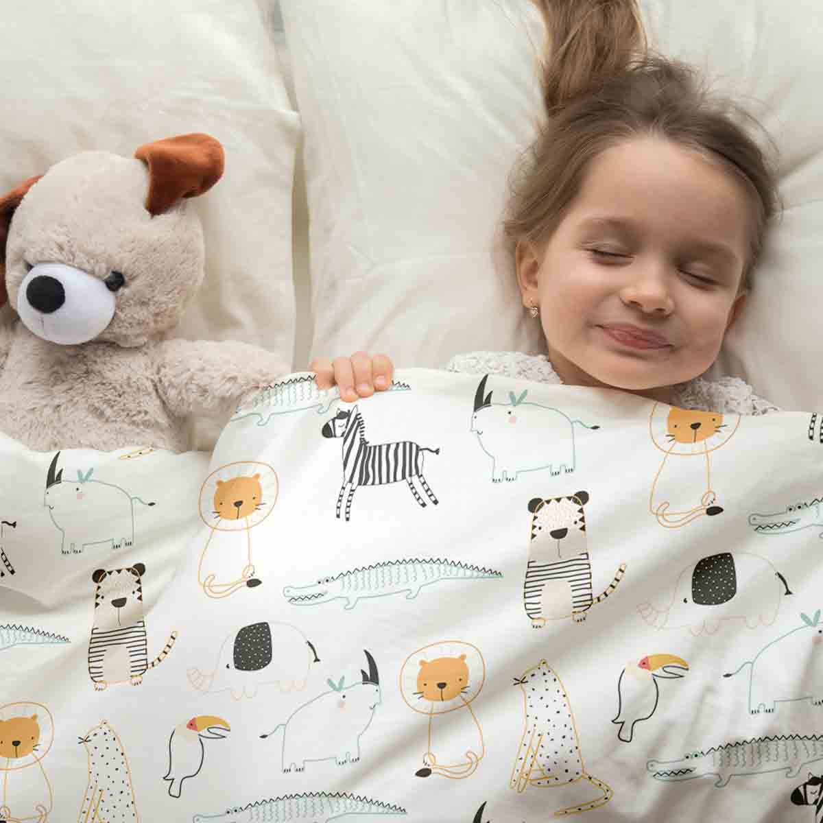 Set de ropa de cama con mantas terapéuticas blancas con animales del zoológico