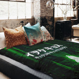 Set de ropa de cama con manta terapéutica en verde con caracteres escritos