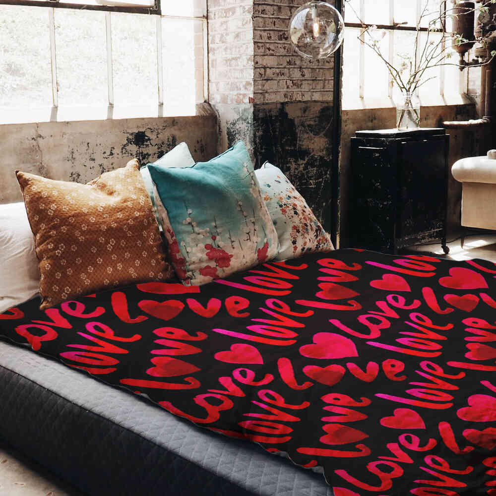 Set de ropa de cama con manta terapéutica negra con inscripción Love