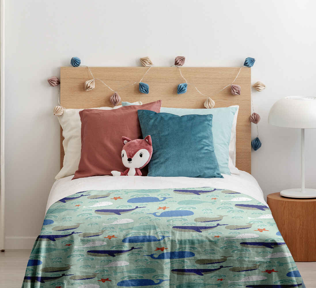 Set de ropa de cama con manta terapéutica verde con ballenas