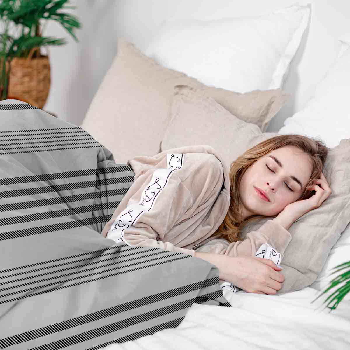 Set de ropa de cama con mantas terapéuticas gris con rayas gruesas y delgadas