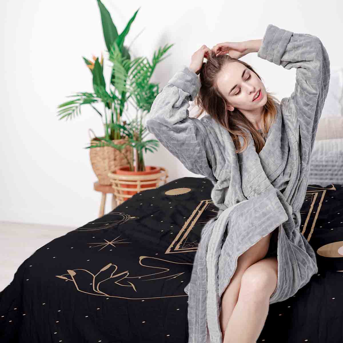 Juego de ropa de cama con manta terapéutica negro con sol, luna y estrellas