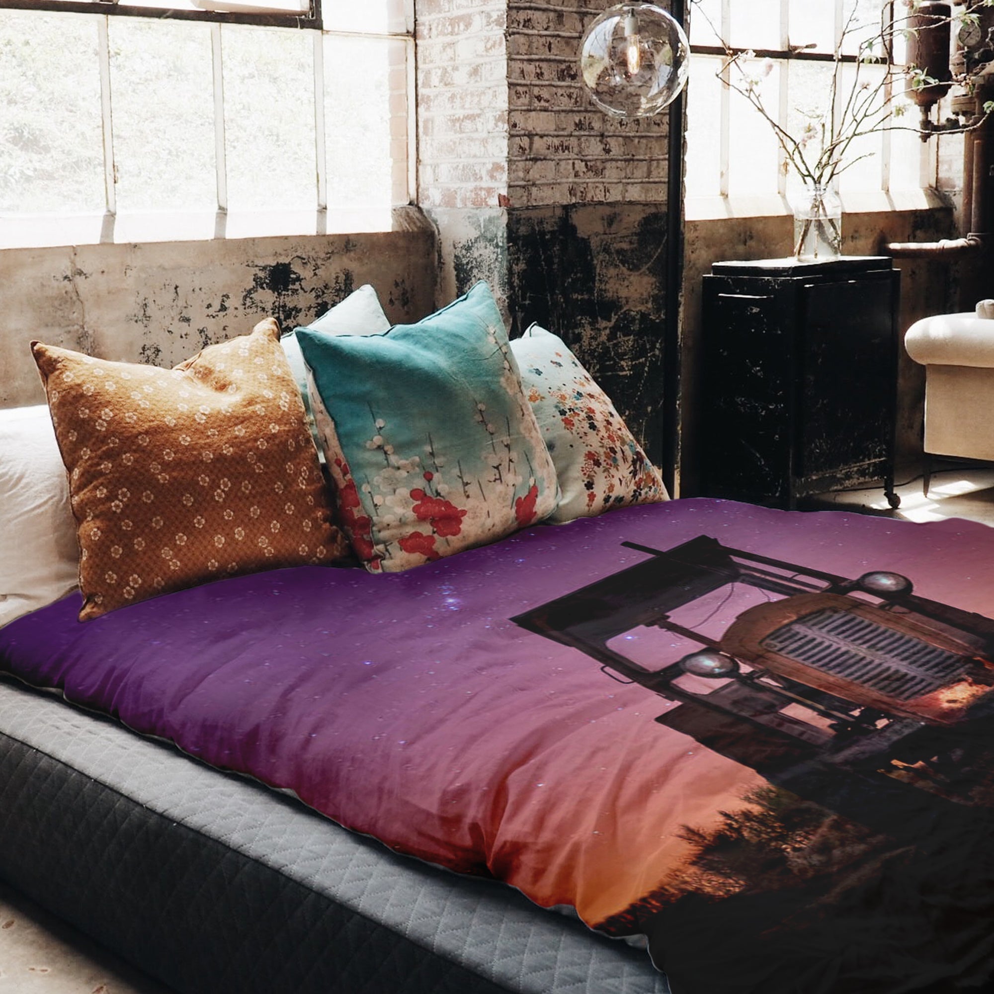 Set de ropa de cama con manta terapéutica lila con tractor
