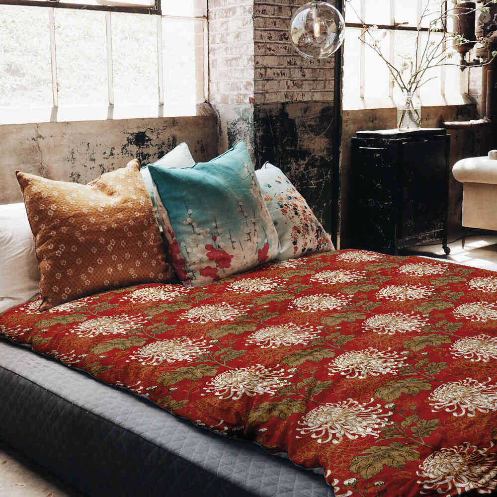 Set de ropa de cama con manta terapéutica roja con gran flor