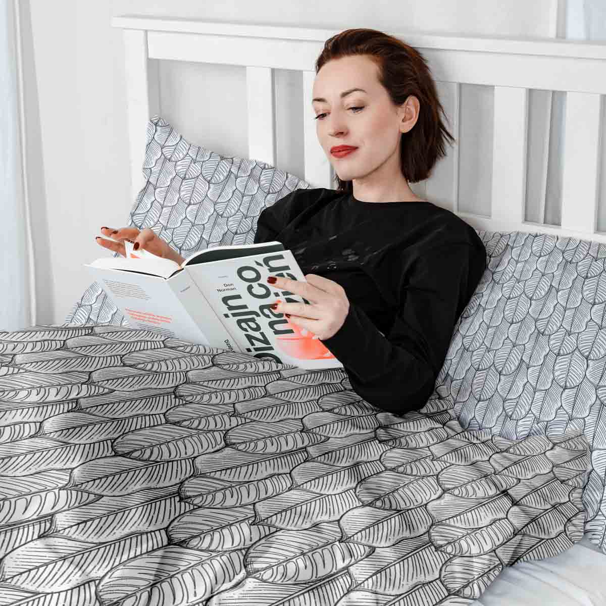 Set de ropa de cama con mantas terapéuticas gris con hojas de arce