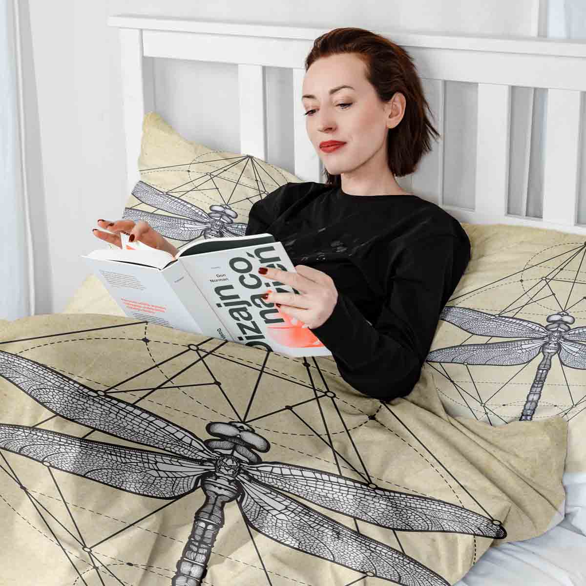 Set de ropa de cama con manta terapéutica amarillo con libélula