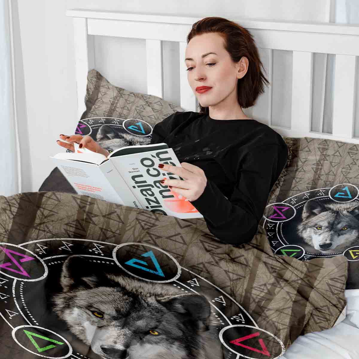 Juego de ropa de cama con manta terapéutica marrón con lobo