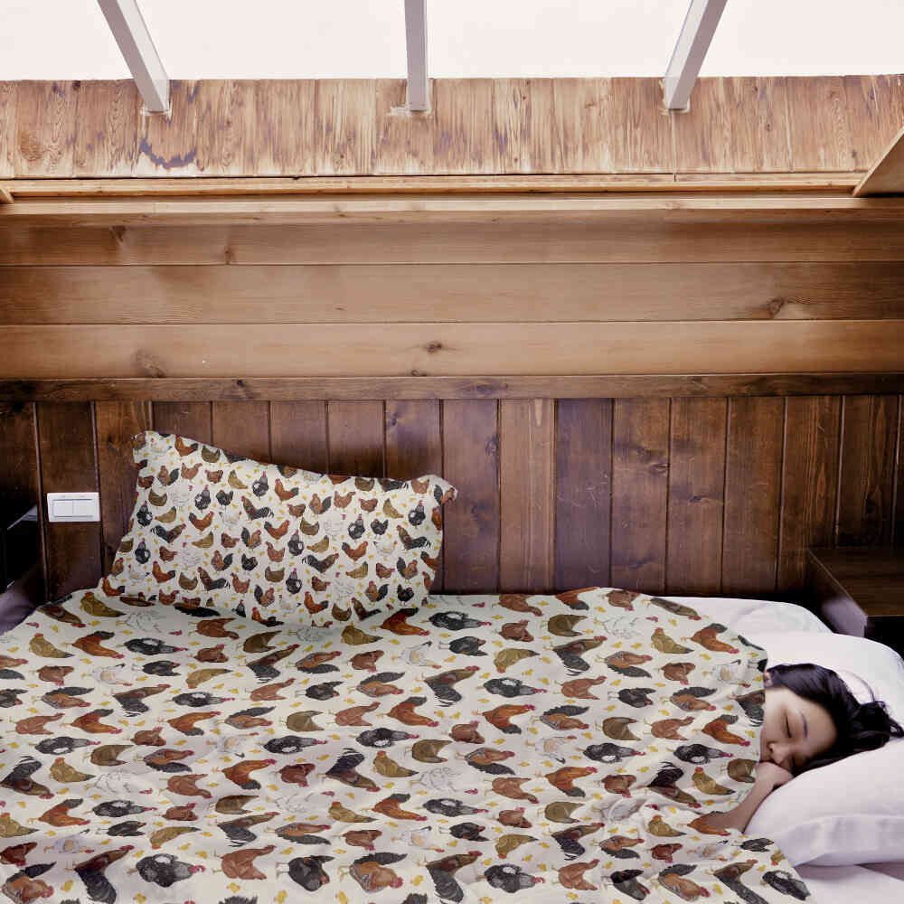 Set de ropa de cama de mantas terapéuticas blancas con muchas gallinas