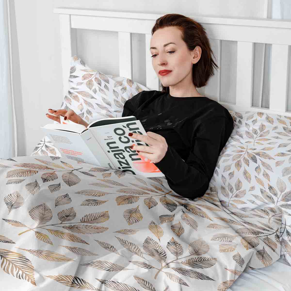Juego de ropa de cama con manta terapéutica blanca con ramas marrón claro
