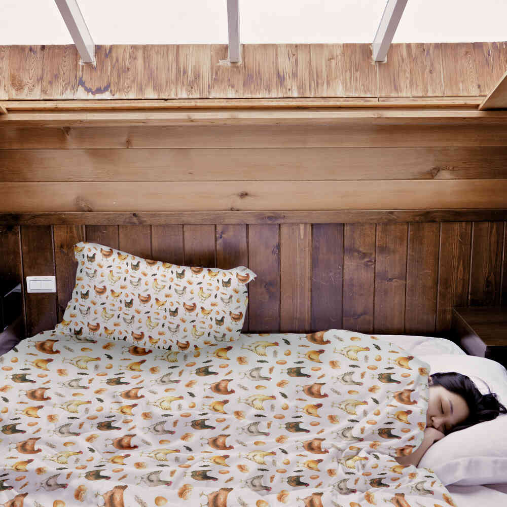 Set de ropa de cama terapéutica blanca con gallinas