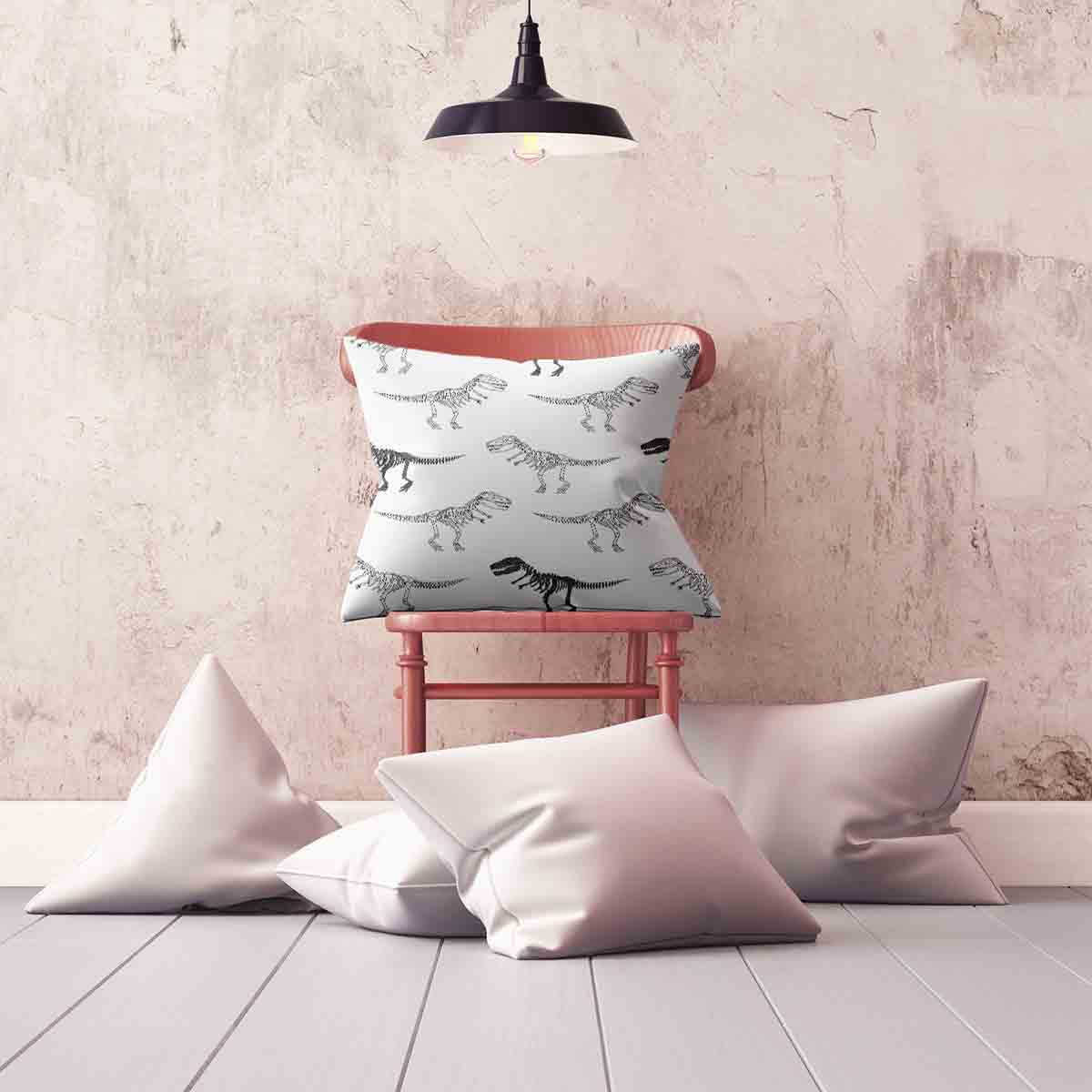 Almohada de salud blanca con esqueleto de dinosaurio