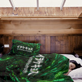 Set de ropa de cama con manta terapéutica verde con caracteres chinos