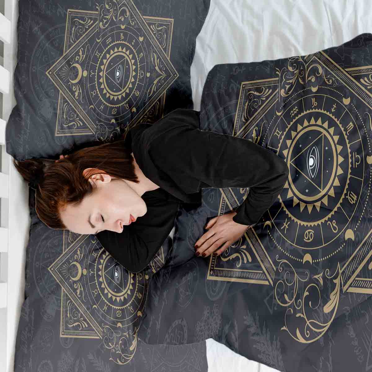 Juego de ropa de cama con manta terapéutica negro místico mandala