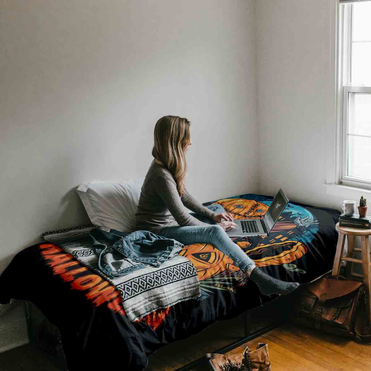 Set de ropa de cama con manta terapéutica Halloween Calabaza