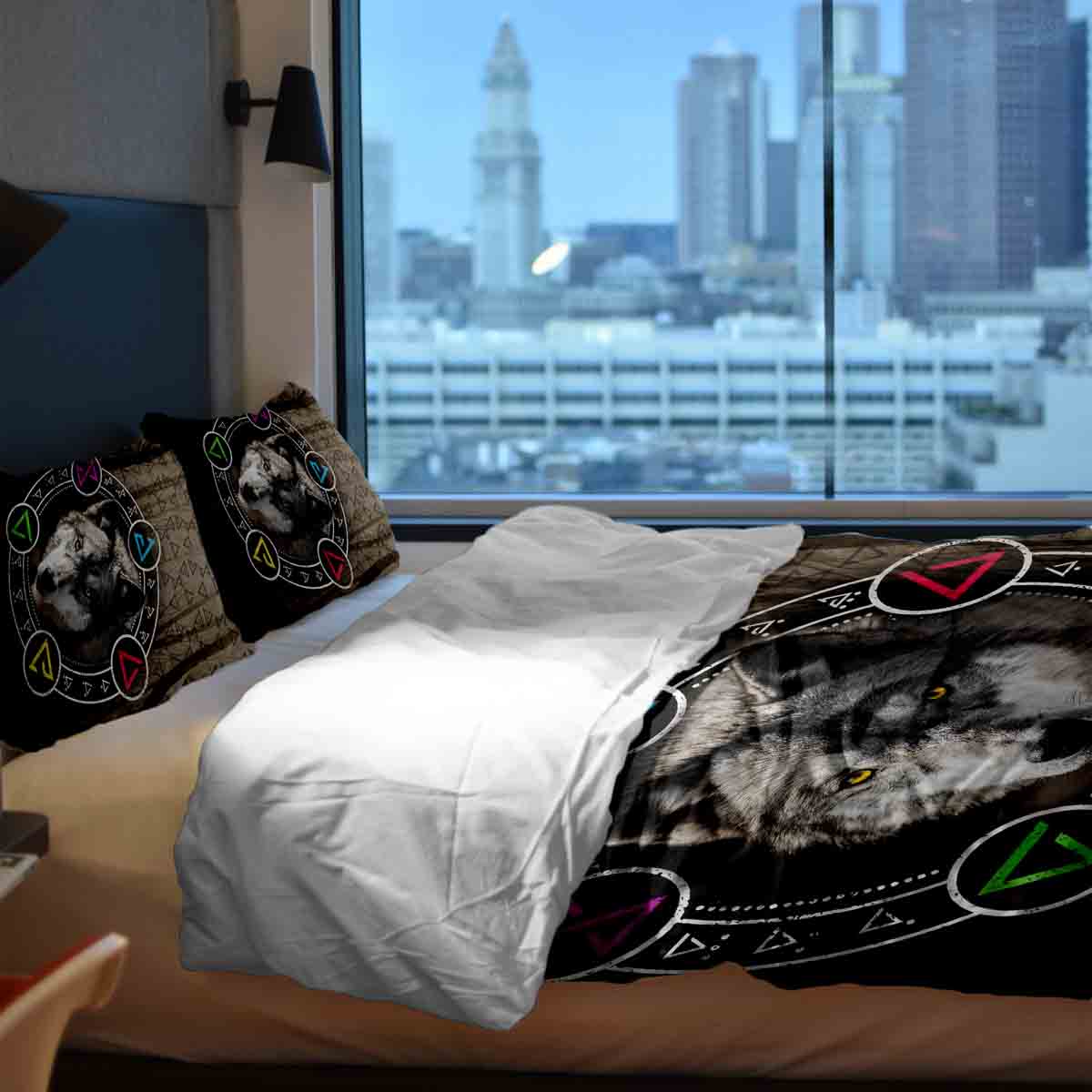 Juego de ropa de cama con manta terapéutica marrón con lobo