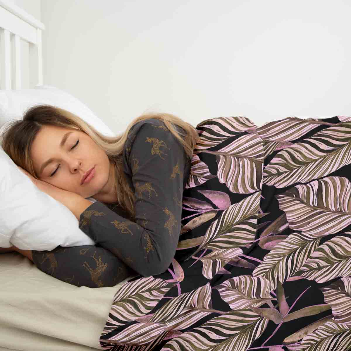 Juego de ropa de cama con manta terapéutica negro con hojas moradas