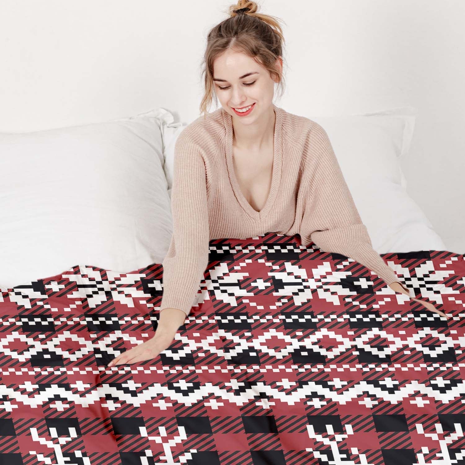 Juego de ropa de cama con manta terapéutica de cuadros con reno