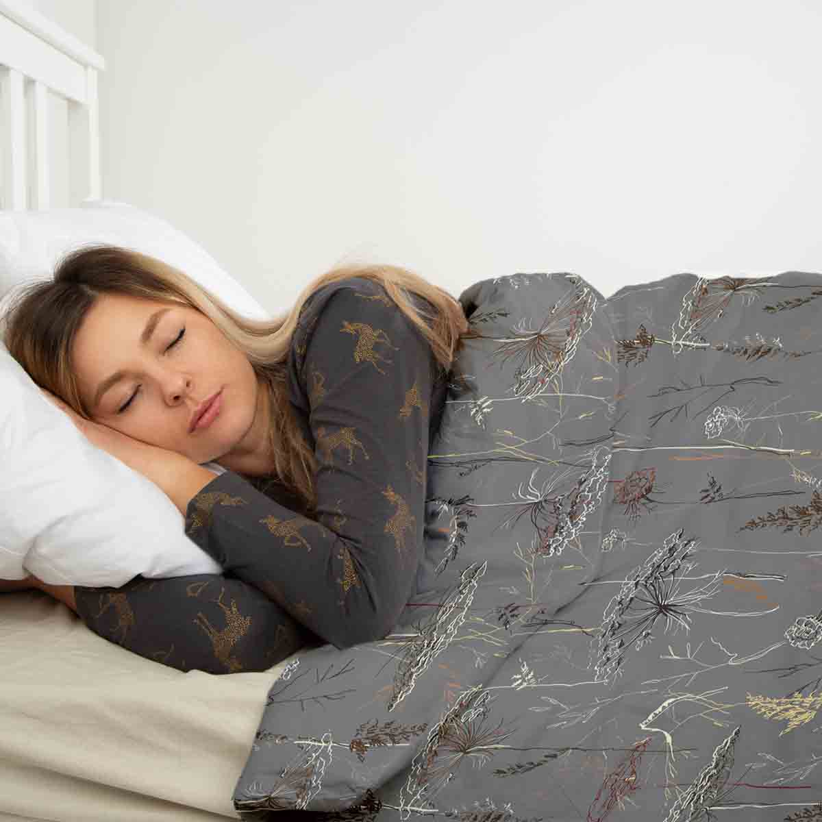 Set de ropa de cama con manta terapéutica gris con plantas doradas