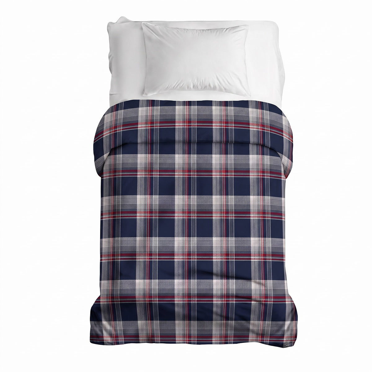 Flanellbezug in Blau Kariert auf einem Einzelbett mit weißem Kissen