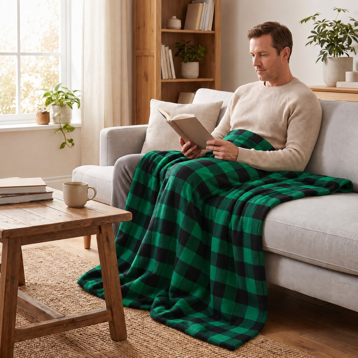 Mann liest auf dem Sofa unter der Therapiedecke mit Flanellbezug in Grün Kariert