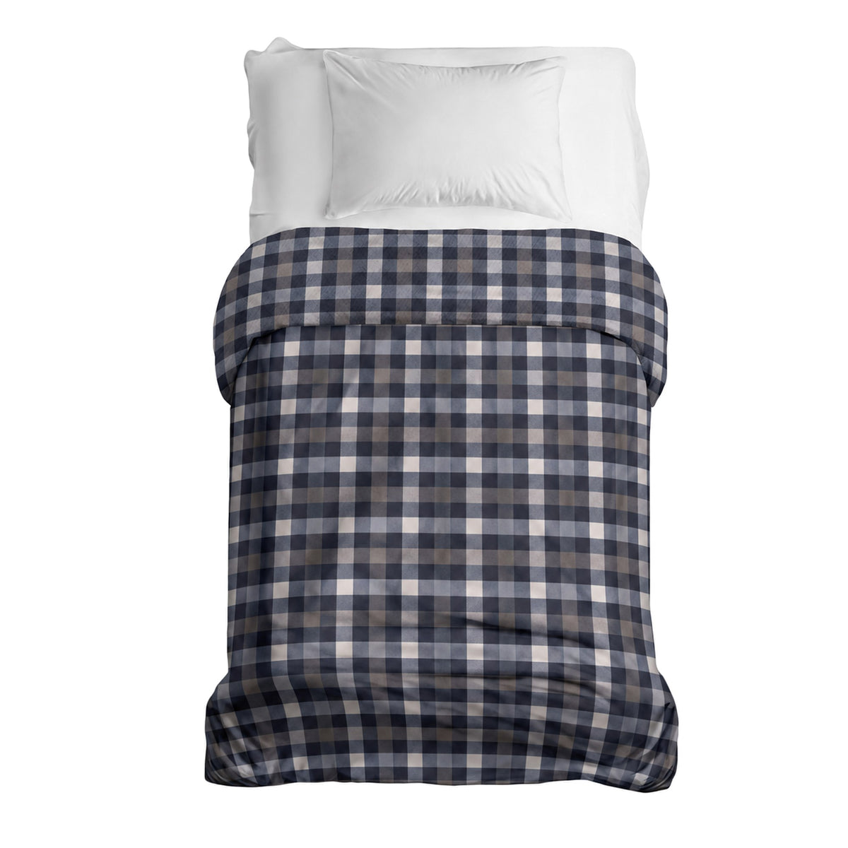 Flanellbezug in Grau Kariert auf einem Einzelbett mit weißem Kissen