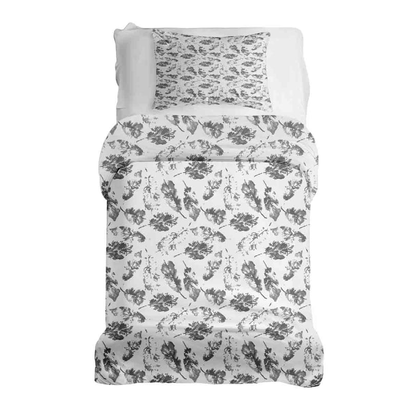 Set de ropa de cama con manta terapéutica blanca con hojas grises