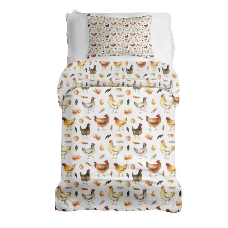 Set de ropa de cama con mantas terapéuticas blancas con gallinas