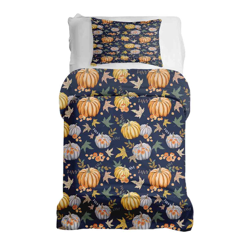 Set de ropa de cama con mantas terapéuticas azul con calabazas