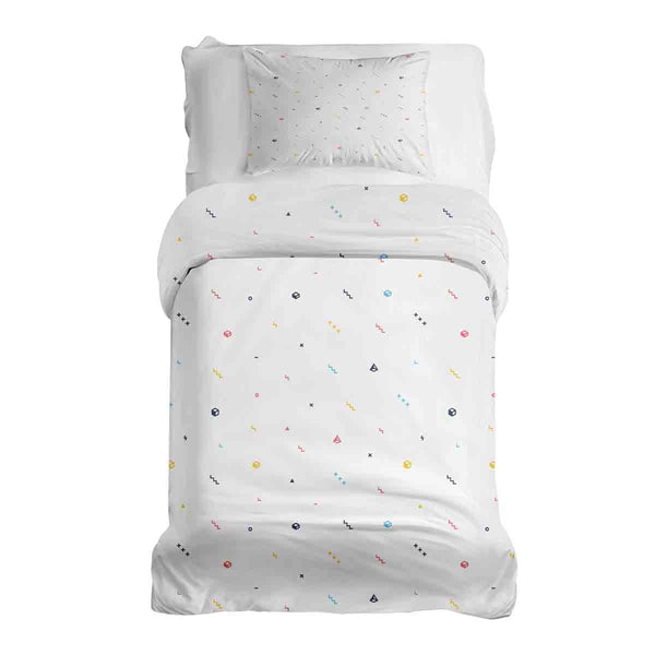 Juego de ropa de cama con manta terapéutica blanca con formas coloridas
