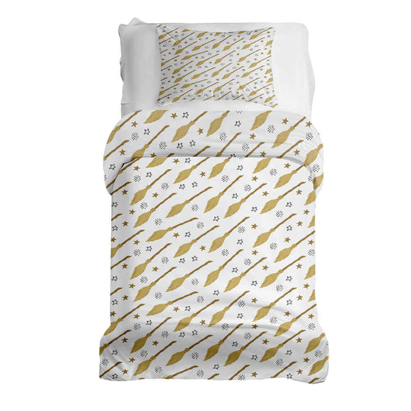 Juego de ropa de cama con manta terapéutica blanca con la escoba de Harry