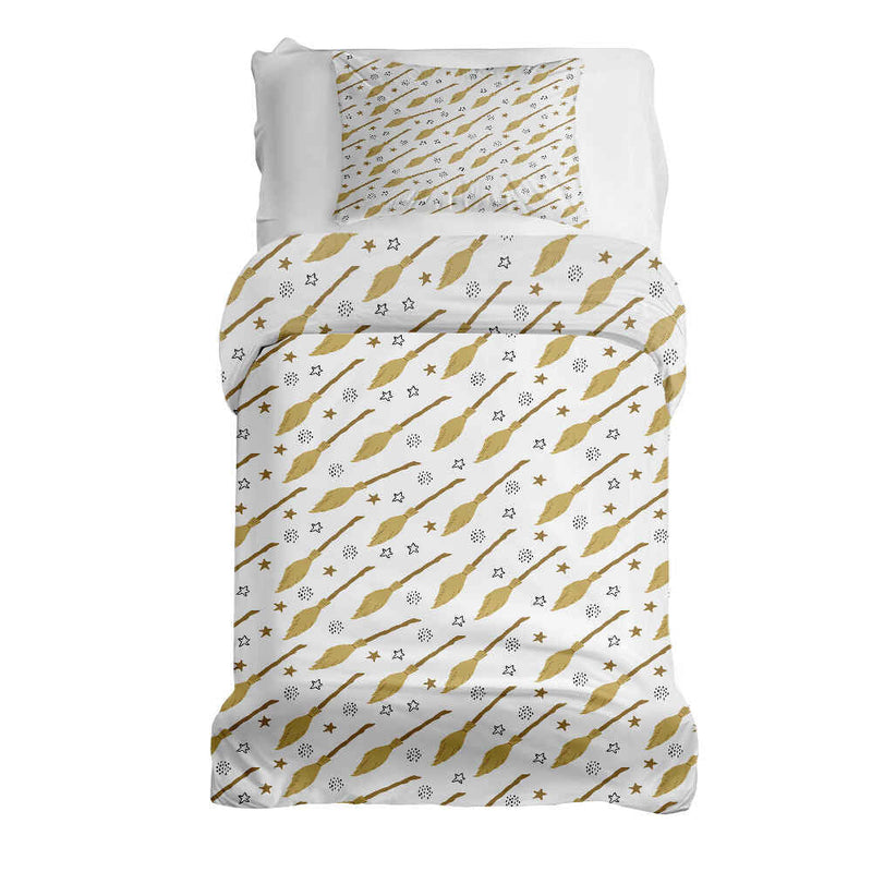 Juego de ropa de cama con manta terapéutica blanca con la escoba de Harry