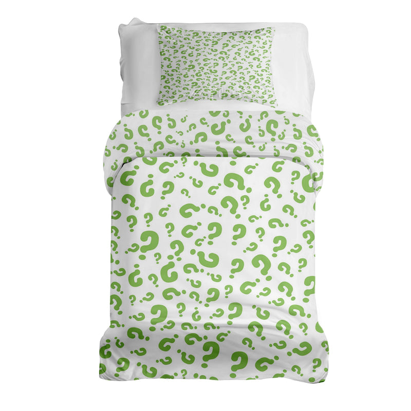 Set de ropa de cama con mantas terapéuticas y signos de interrogación verdes