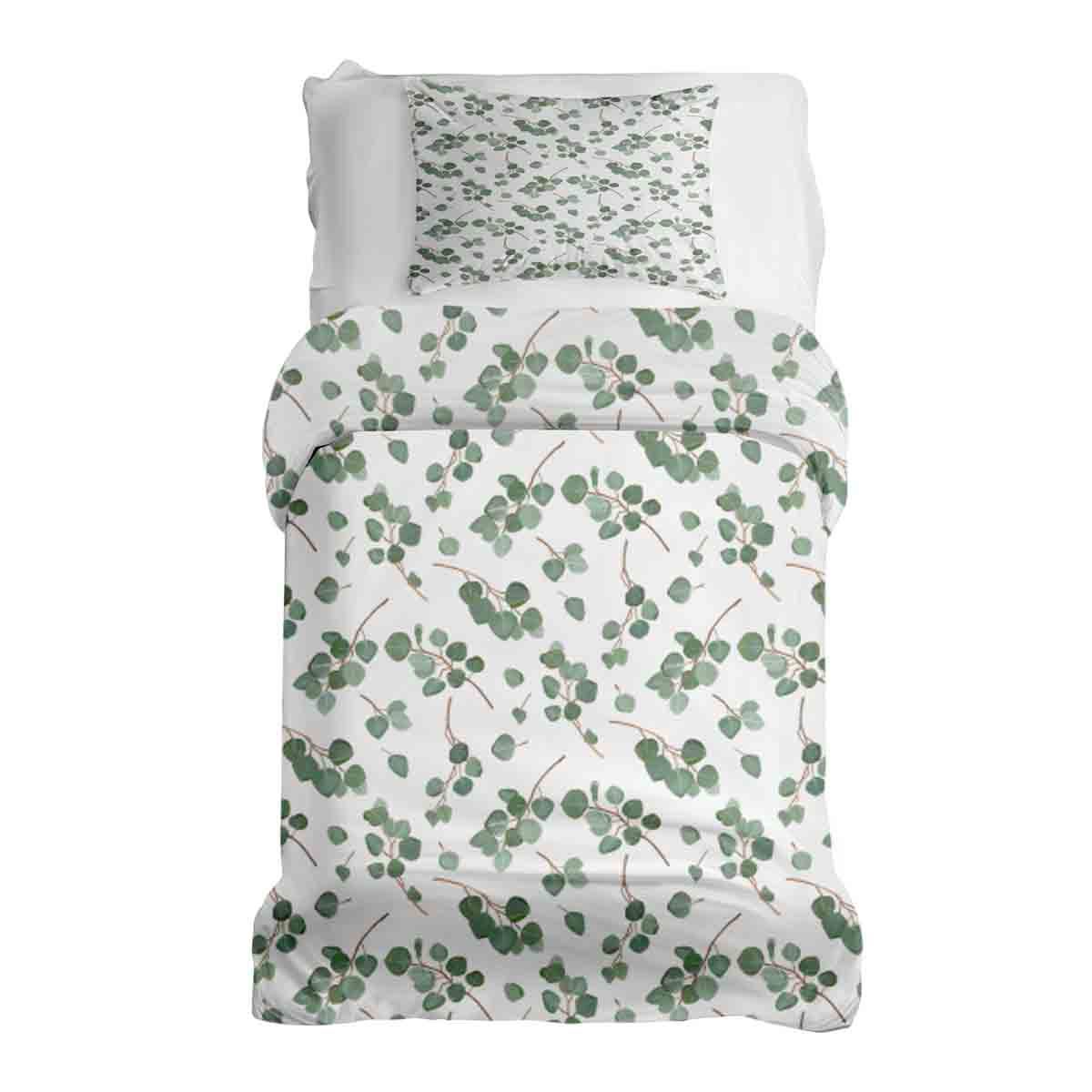 Juego de ropa de cama con mantas terapéuticas blancas con ramas de eucalipto