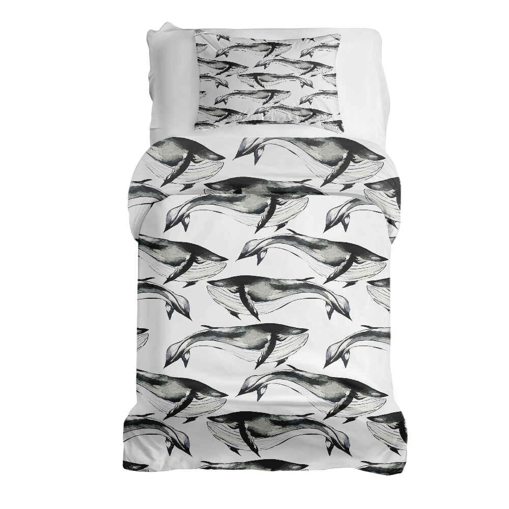 Set de ropa de cama con manta terapéutica ballena azul negra