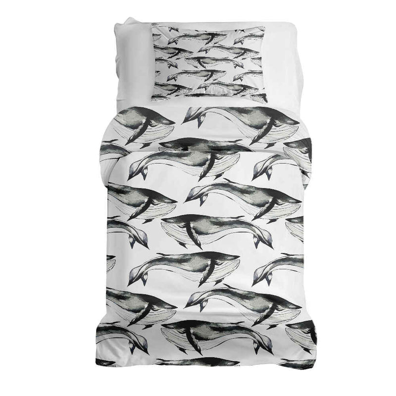 Set de ropa de cama con manta terapéutica ballena azul negra