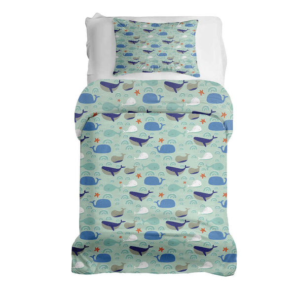 Set de ropa de cama con mantas terapéuticas verde con ballenas
